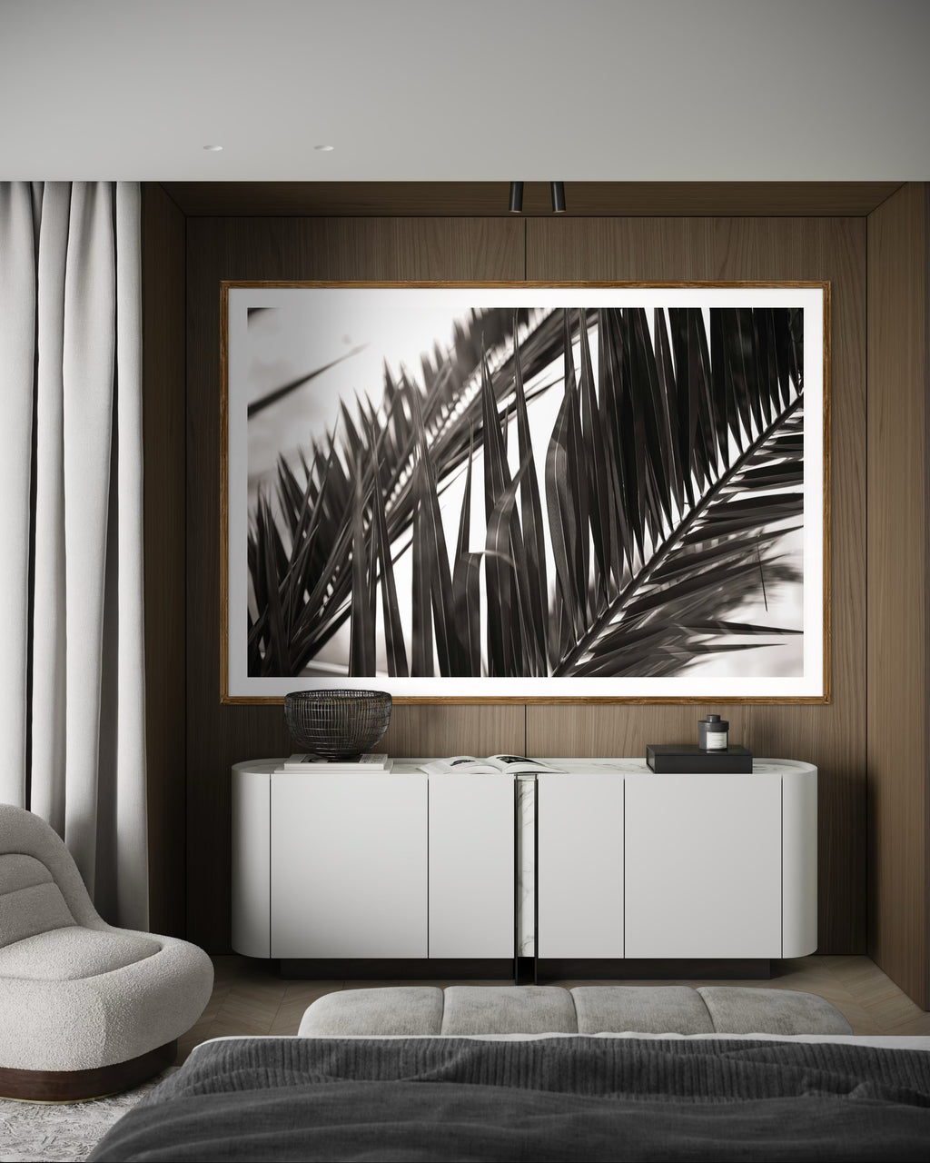 Modern interior featuring a framed artwork of black and white close up of palm leaves by Francoise V Fine Art Gallery in Cape Town.