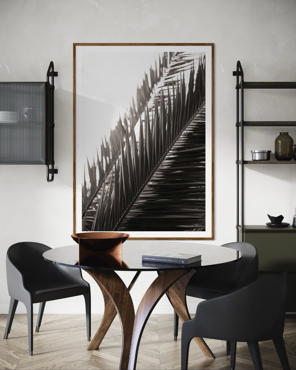 Modern interior featuring a framed artwork of palm leaves by Francoise V Fine Art Gallery in Cape Town, South Africa