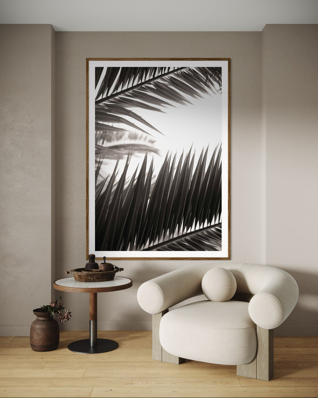 Modern interior featuring a framed artwork of palm leaves by Francoise V Fine Art Gallery in Cape Town, South Africa