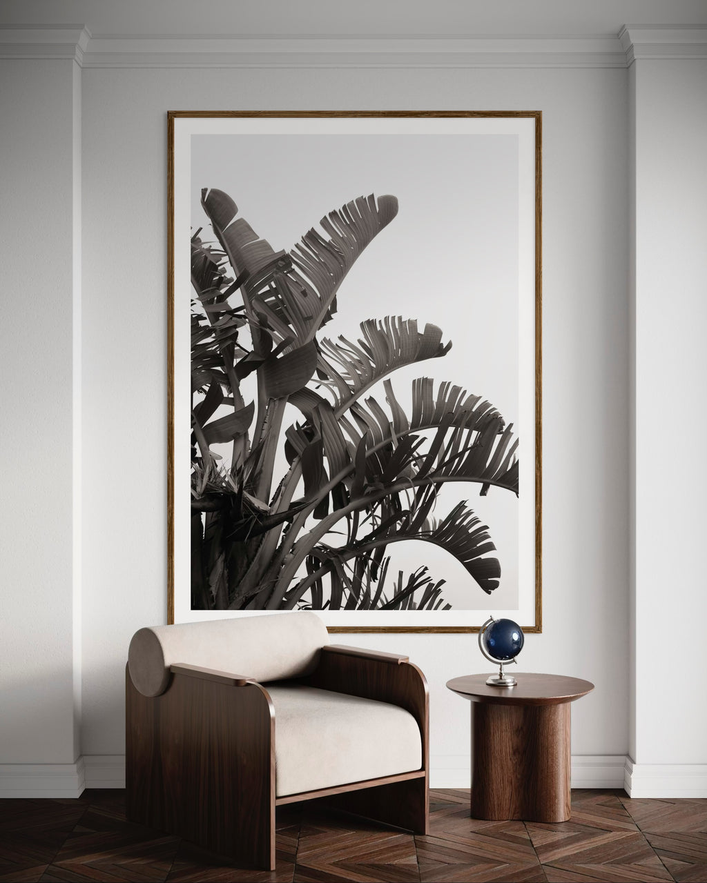 Modern interior featuring a framed artwork of palm leaves by Francoise V Fine Art Gallery in Cape Town, South Africa