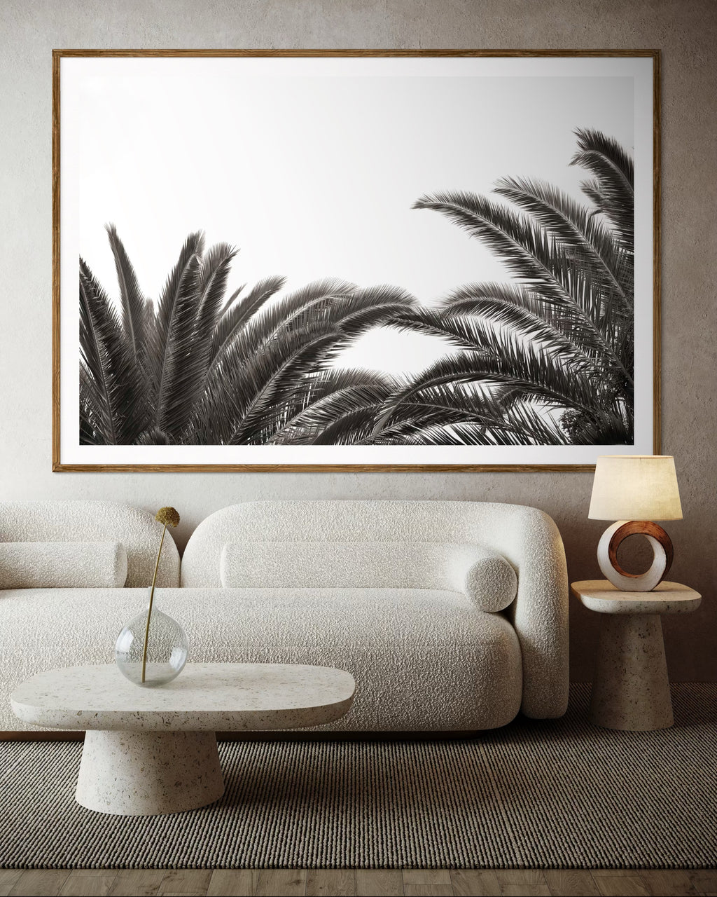 Modern interior featuring a framed artwork of palm leaves by Francoise V Fine Art Gallery in Cape Town, South Africa