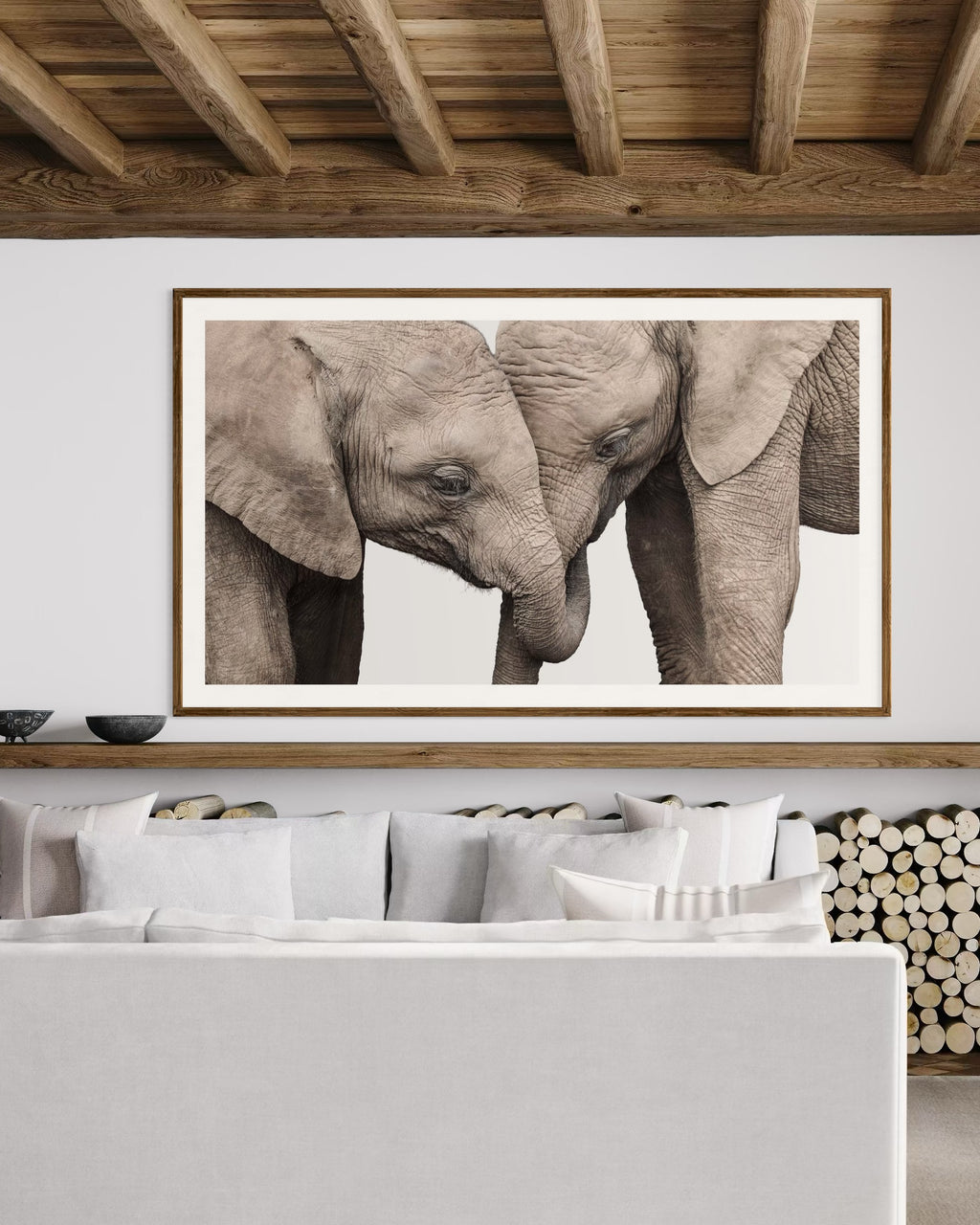 Modern interior featuring a framed artwork of a portrait of two elephants by Francoise V Fine Art Gallery in Cape Town, South Africa