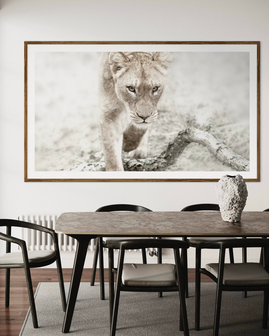 Modern interior featuring a framed artwork of a portrait of lioness by Francoise V Fine Art Gallery in Cape Town, South Africa