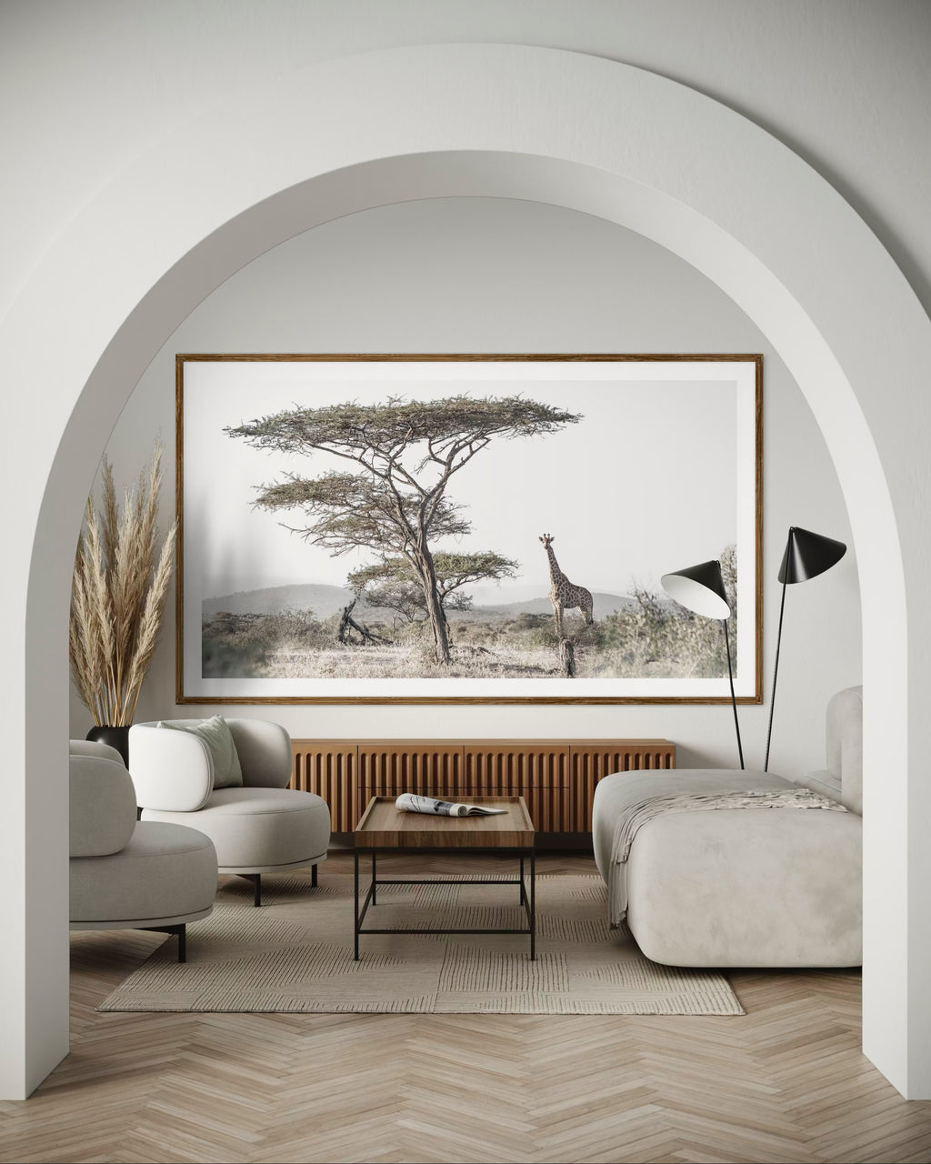 Modern interior featuring a framed artwork of a portrait of a giraffe under a tall Acacia tree by Francoise V Fine Art Gallery in Cape Town, South Africa