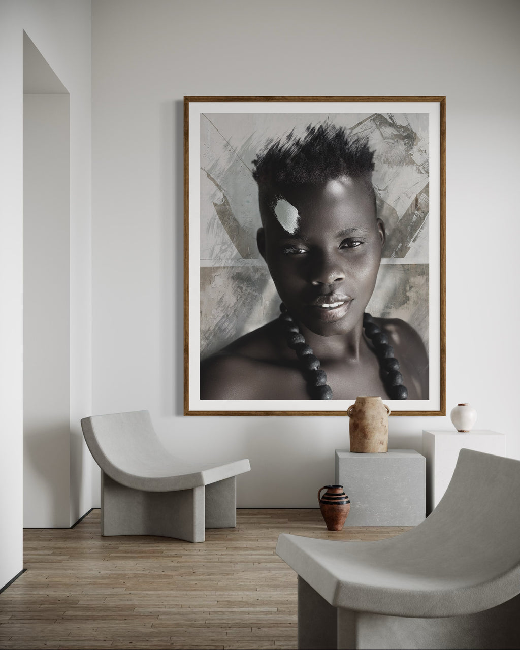 Modern interior featuring a framed artwork of a portrait of a beautiful woman by Francoise V Fine Art Gallery in Cape Town, South Africa