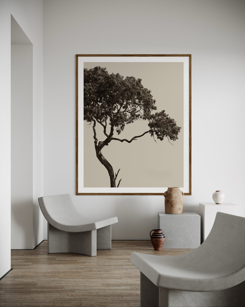 Framed tree artwork by Francoise V Fine Art Gallery in Cape Town, South Africa, on a wall in a modern interior setting with minimal decor.