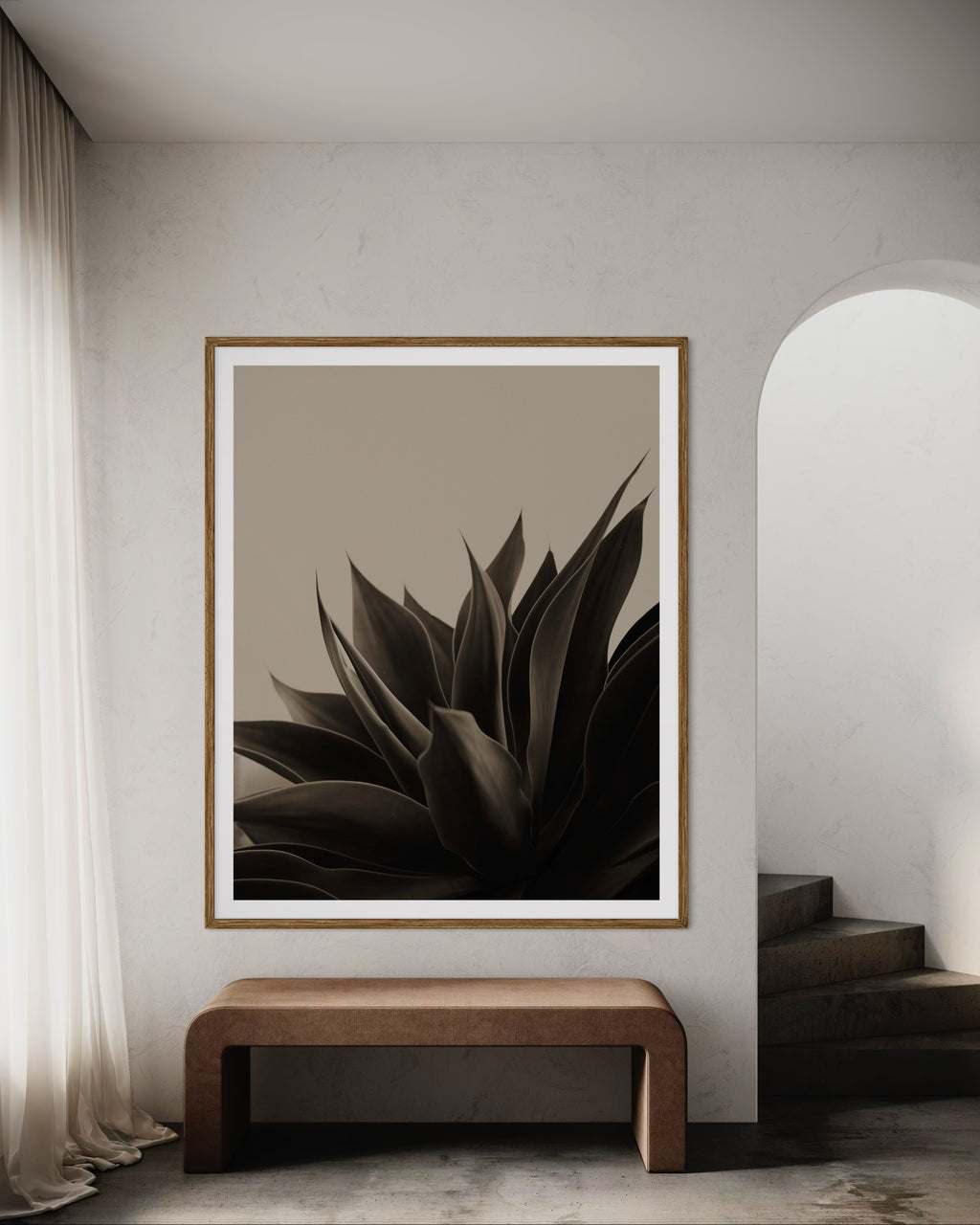 Modern minimalist interior featuring framed artwork of aloe plant in black and beige by Francoise V Fine Art Gallery in Cape Town, South Africa.