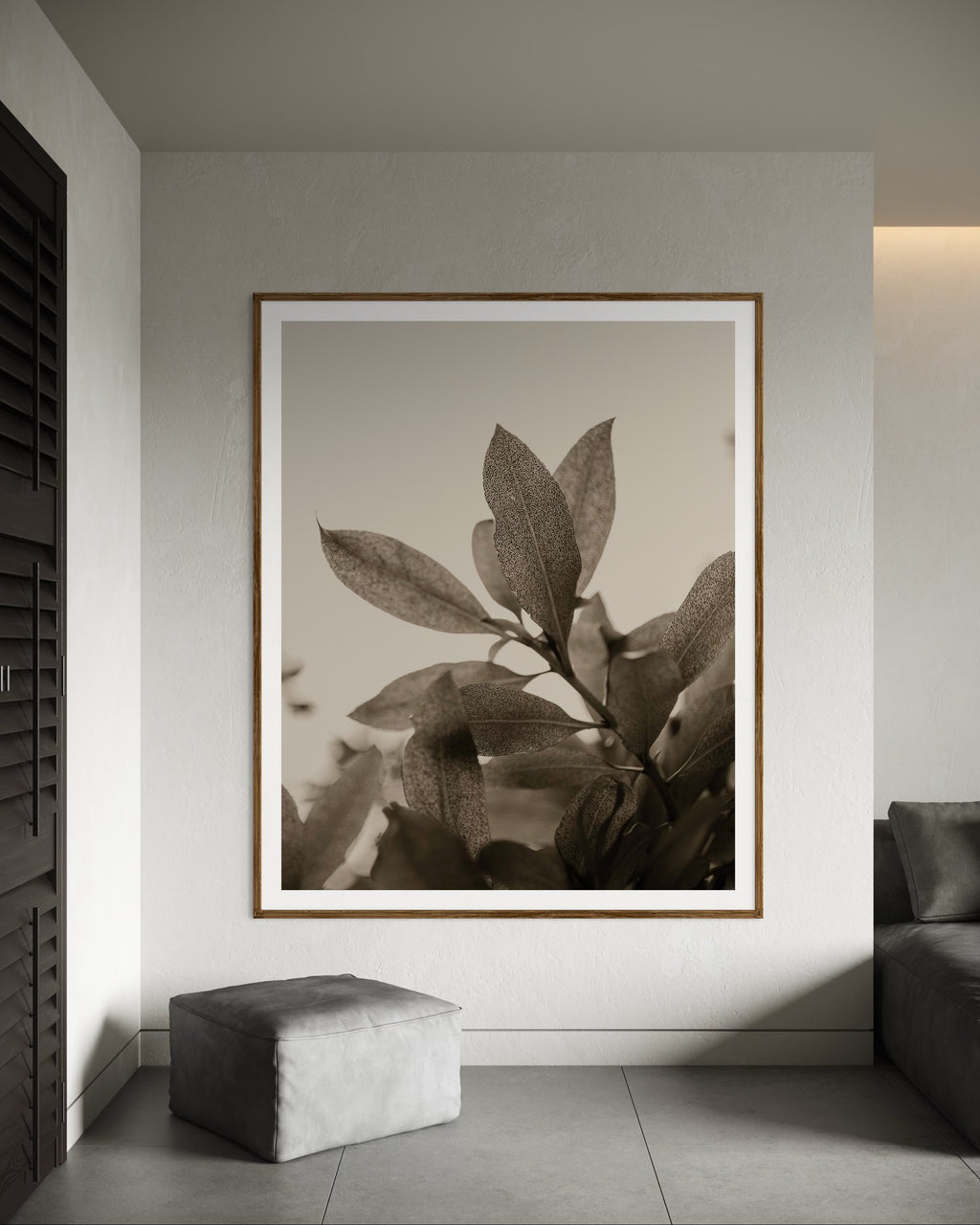 Interior featuring framed artwork print of a close-up of leaves with detailed texture by Francoise V Fine Art Gallery in Cape Town, South Africa.