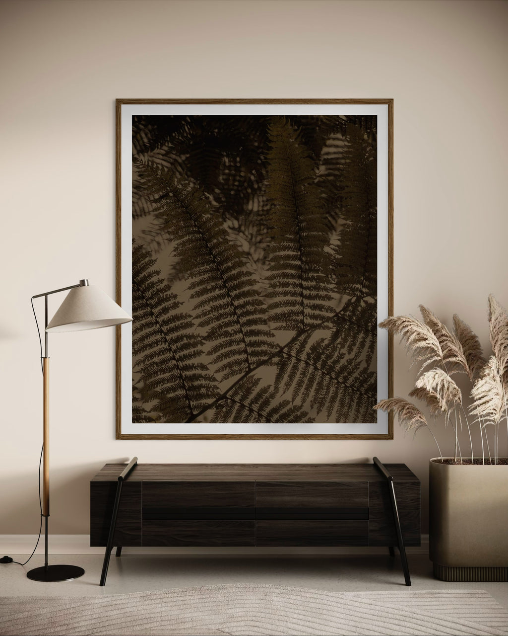 Interior featuring earthy artwork print of close-up of ferns by Francoise V Fine Art Gallery in Cape Town, South Africa.