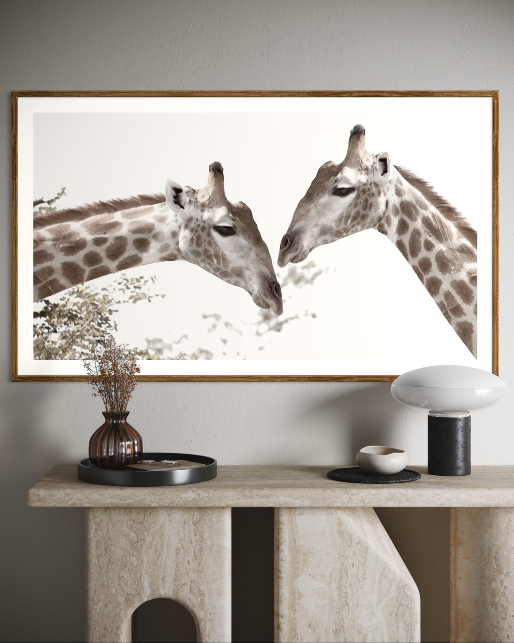 Modern interior featuring a framed artwork of a portrait of two giraffes by Francoise V Fine Art Gallery in Cape Town, South Africa