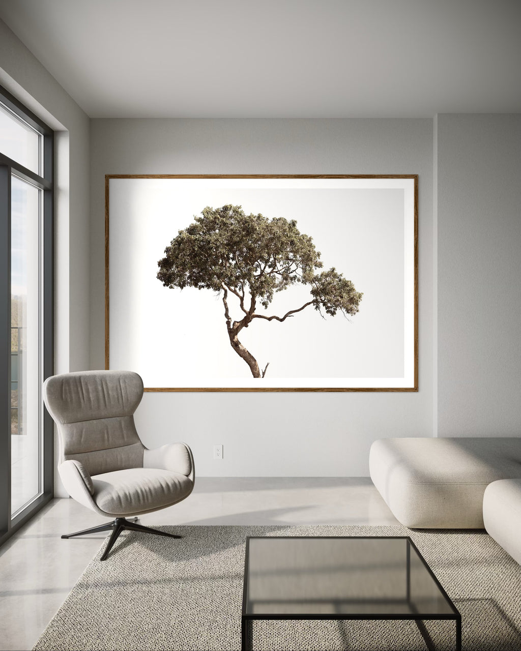 Modern interior featuring a framed artwork of a Large tree with a clear skyby Francoise V Fine Art Gallery in Cape Town, South Africa