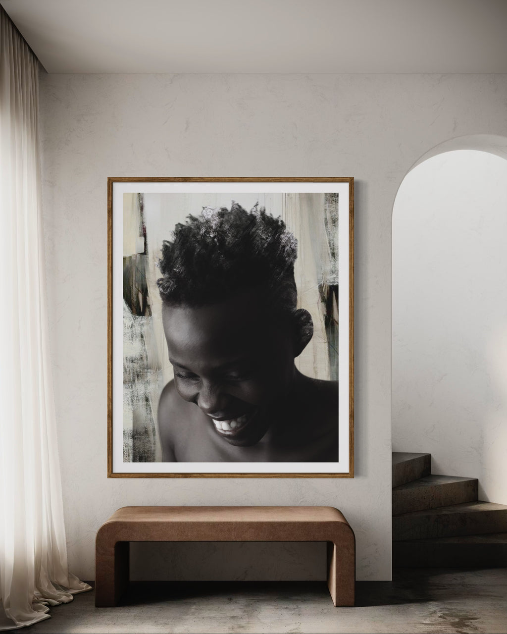 Modern interior featuring a framed artwork of a portrait of a beautiful woman by Francoise V Fine Art Gallery in Cape Town, South Africa