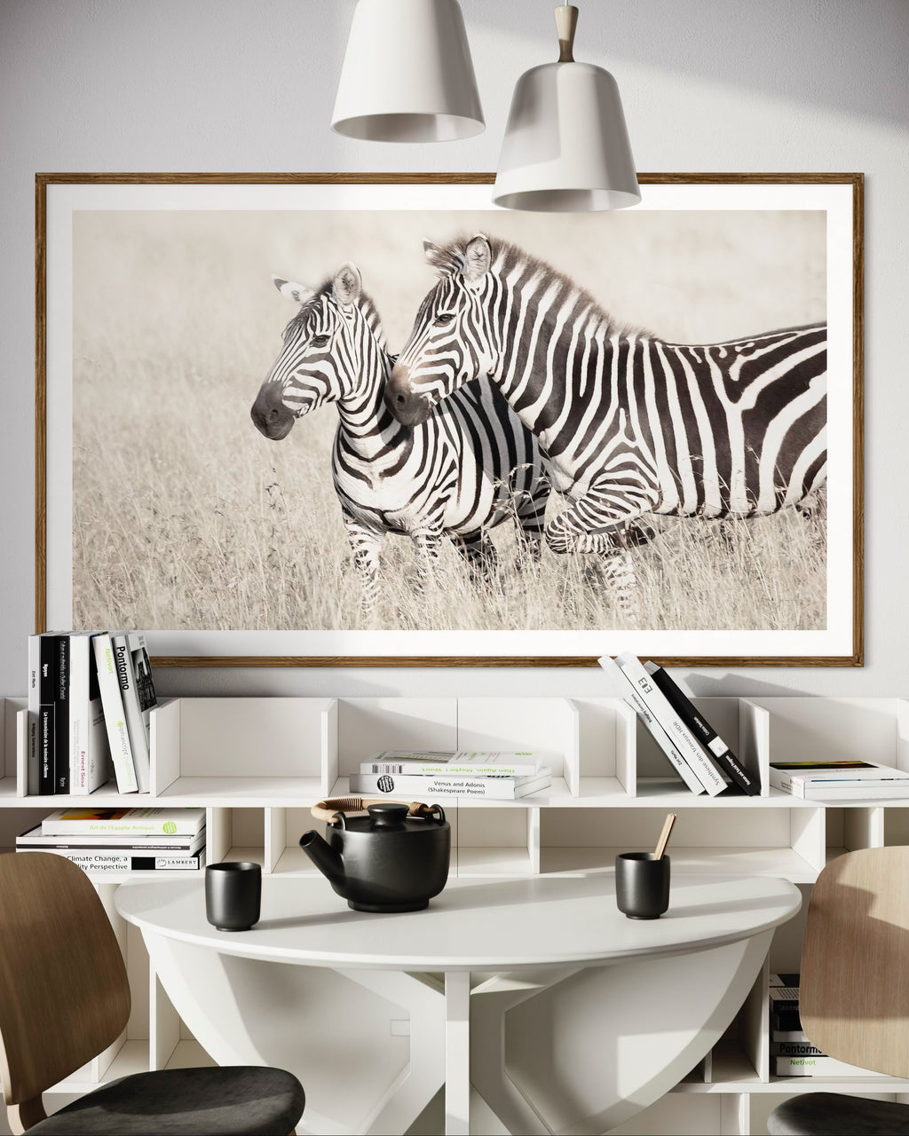 Modern interior featuring a framed artwork of a portrait of two Zebras by Francoise V Fine Art Gallery in Cape Town, South Africa