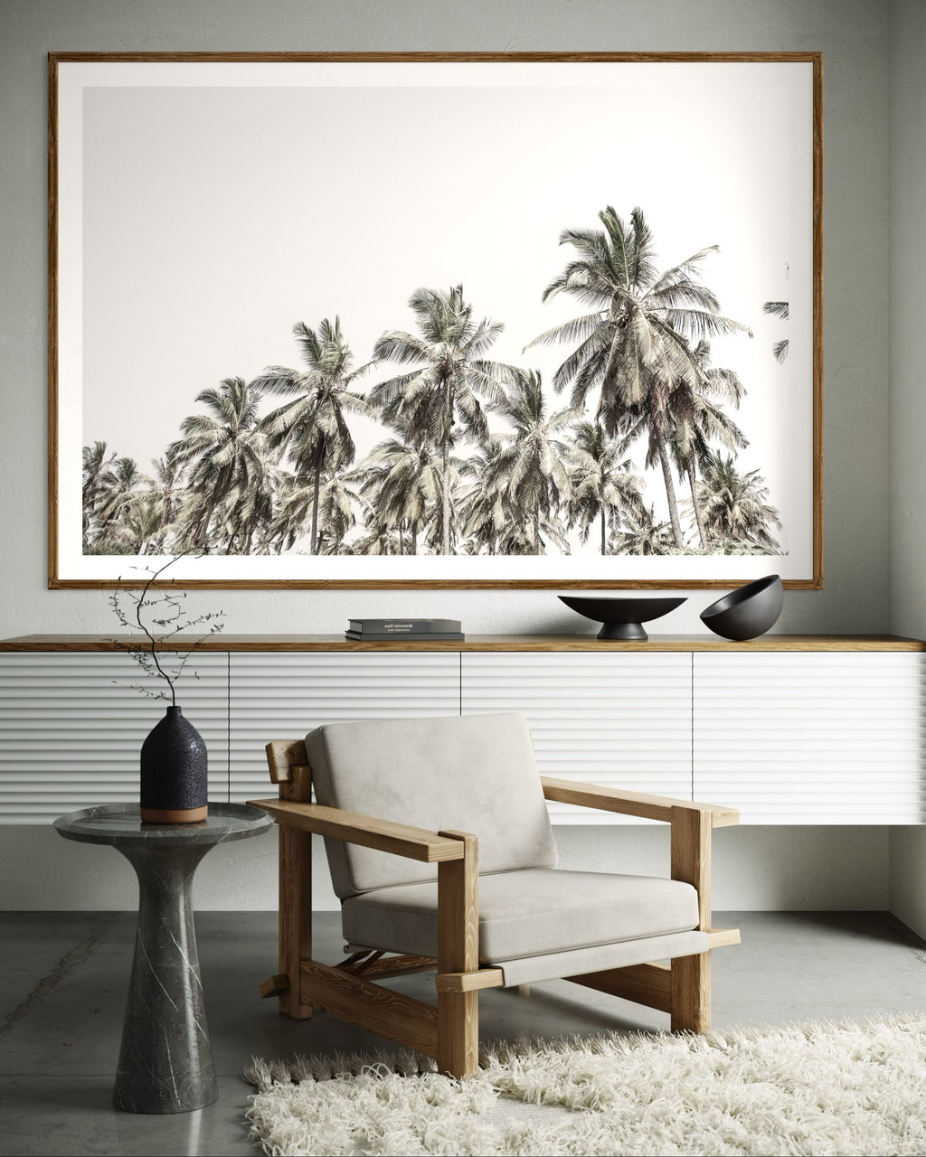 Modern interior featuring a framed artwork of palm trees with a clear sky by Francoise V Fine Art Gallery in Cape Town, South Africa