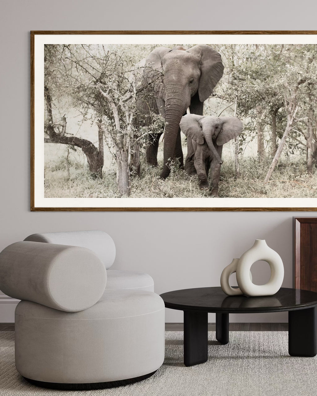 Modern interior featuring a framed artwork of a portrait of a elephant and her calf by Francoise V Fine Art Gallery in Cape Town, South Africa