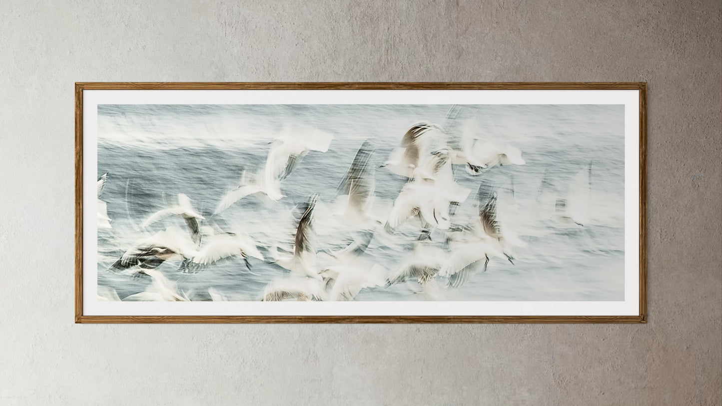 Natural Wood Kiaat framed artwork of a Flock of birds flying over a snowy landscape by Francoise V Fine Art Gallery in Cape Town, South Africa