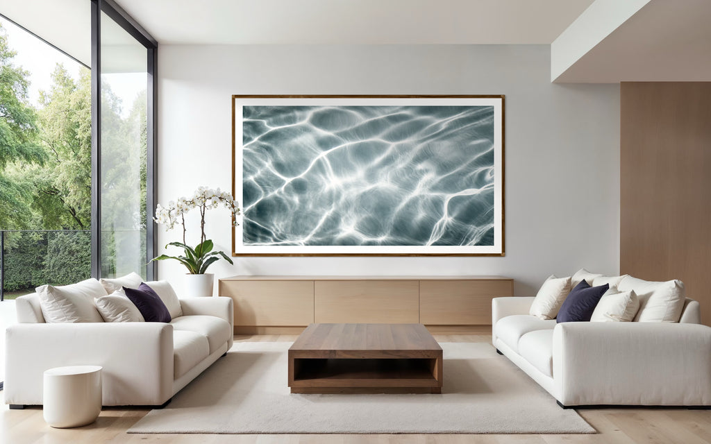 Modern interior featuring a photo of serene water by Francoise V Fine Art Gallery in Cape Town, South Africa