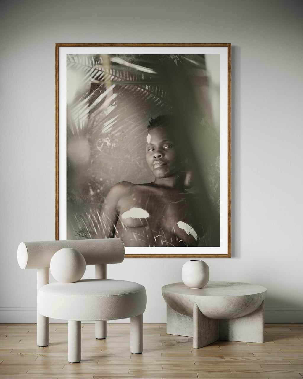 Modern interior featuring a framed artwork of a portrait of a beautiful woman by Francoise V Fine Art Gallery in Cape Town, South Africa