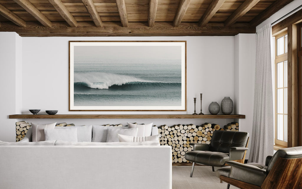 Modern interior featuring a photo of a Wave in the ocean with a foggy background by Francoise V Fine Art Gallery in Cape Town, South Africa