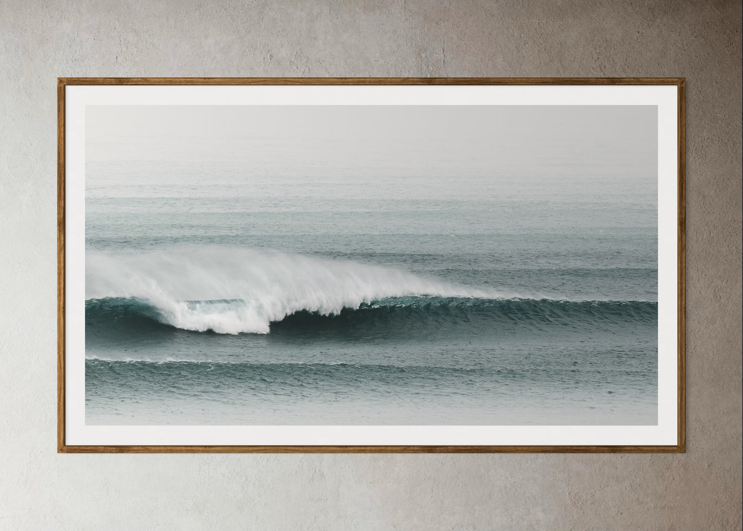 Natural Wood Kiaat framed a Wave in the ocean with a foggy background by Francoise V Fine Art Gallery in Cape Town, South Africa