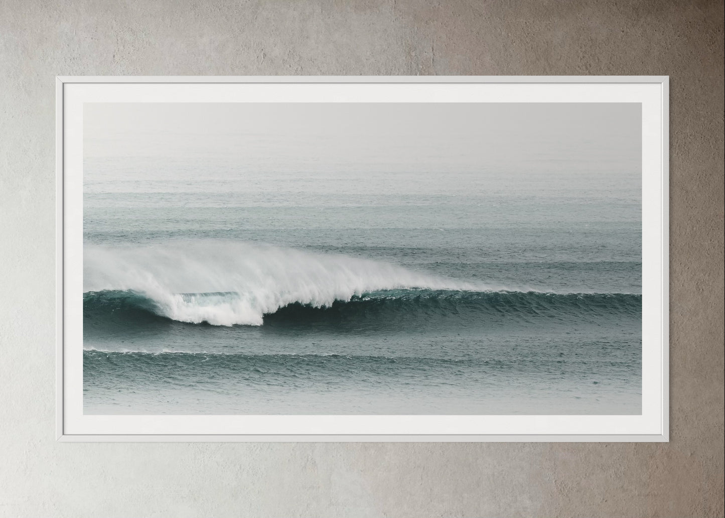 White box-framed photo of a Wave in the ocean with a foggy background by Francoise V Fine Art Gallery in Cape Town, South Africa