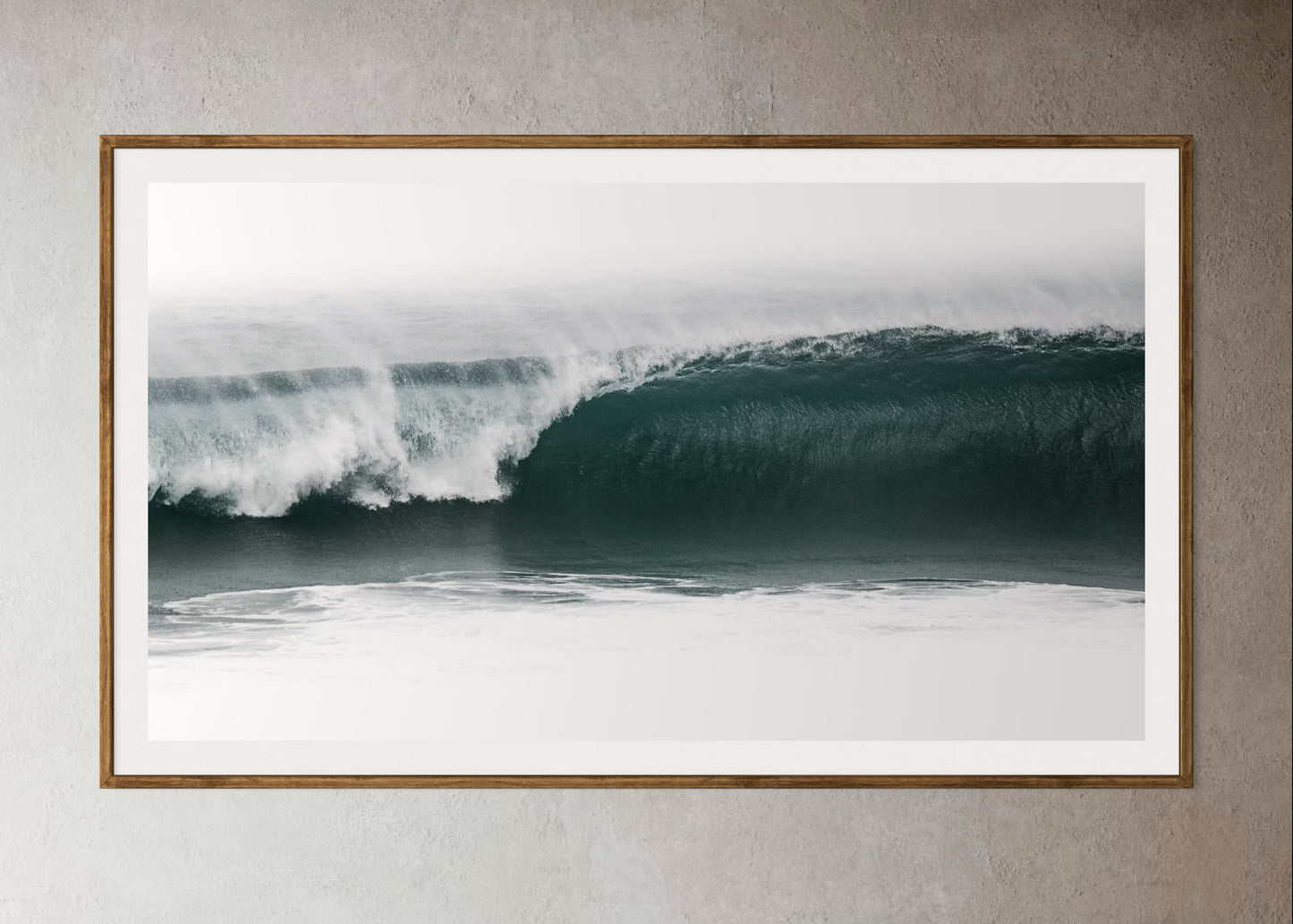 Natural Wood Kiaat framed a Wave crashing in the ocean with a cloudy sky by Francoise V Fine Art Gallery in Cape Town, South Africa