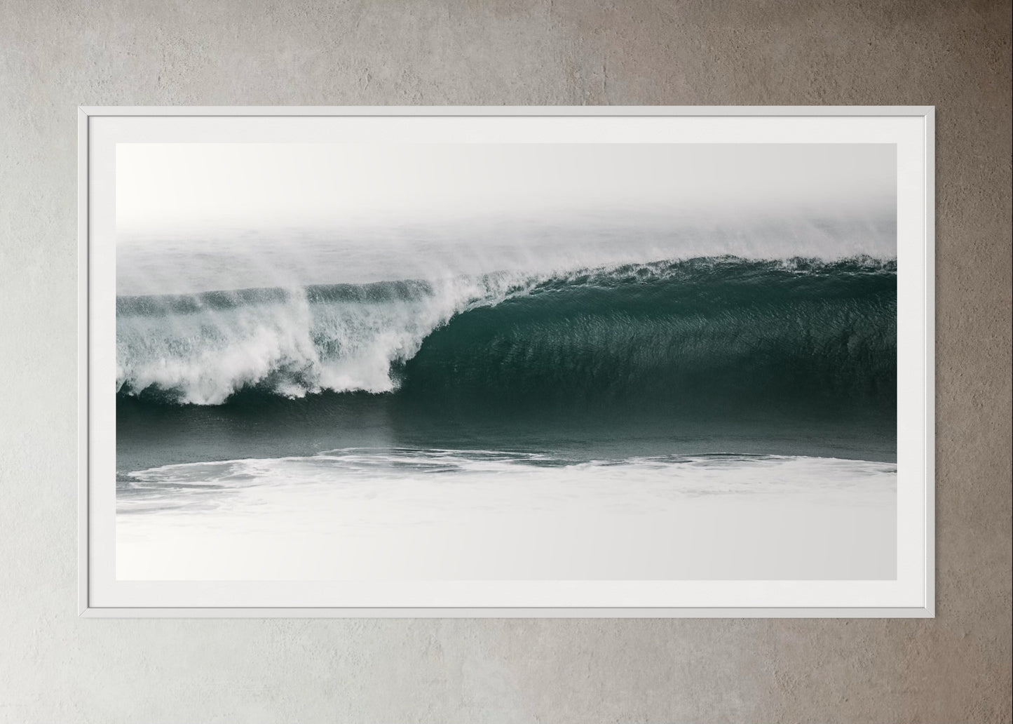 White box-framed photo of a Wave crashing in the ocean with a cloudy sky by Francoise V Fine Art Gallery in Cape Town, South Africa