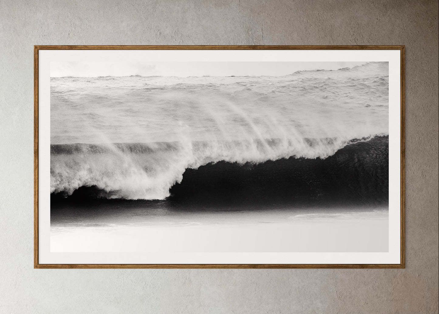 Natural Wood Kiaat framed Black and white photo of a wave crashing in the ocean by Francoise V Fine Art Gallery in Cape Town, South Africa