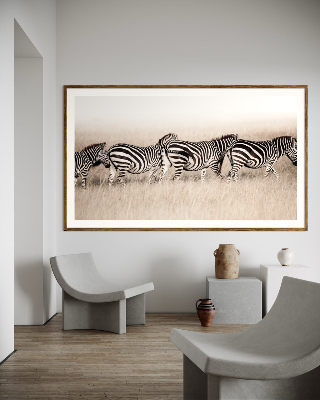 Modern interior featuring a framed artwork of a portrait of four zebra in a line by Francoise V Fine Art Gallery in Cape Town, South Africa