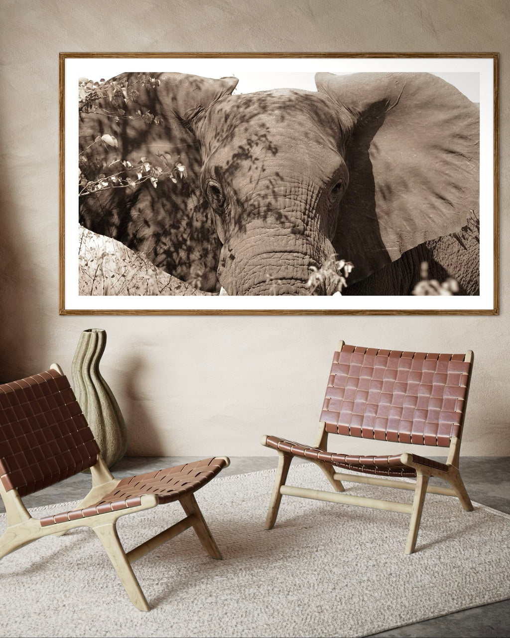 Modern interior featuring a framed artwork of a portrait of an elephant by Francoise V Fine Art Gallery in Cape Town, South Africa