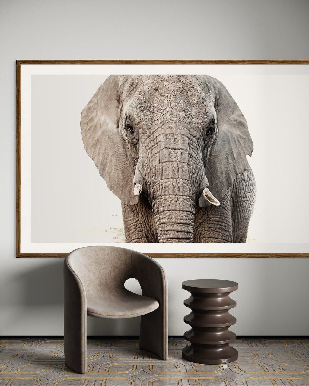 Modern interior featuring a framed artwork of a portrait of an elephant by Francoise V Fine Art Gallery in Cape Town, South Africa