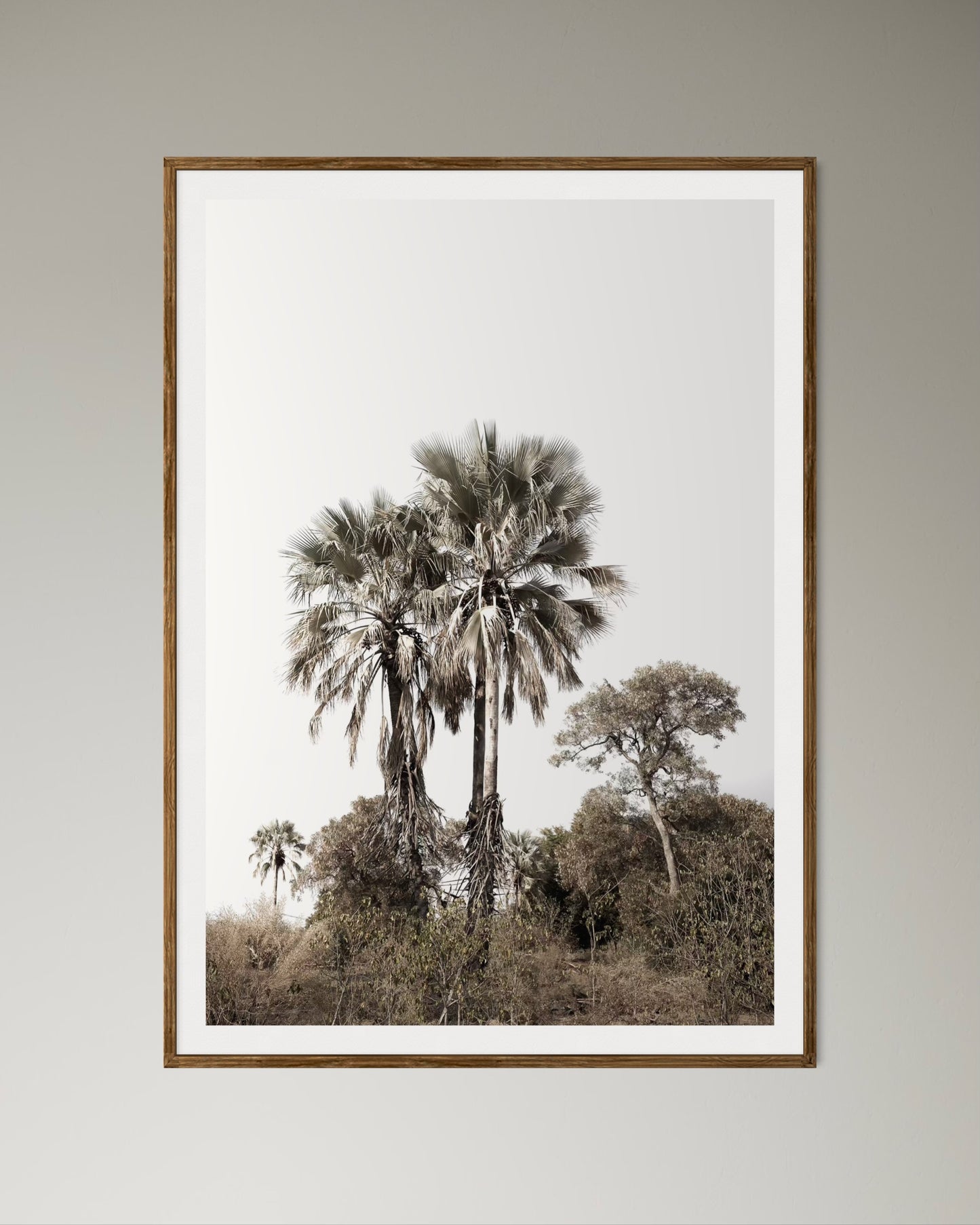 Natural Wood Kiaat framed artwork of palm trees with a clear sky by Francoise V Fine Art Gallery in Cape Town, South Africa