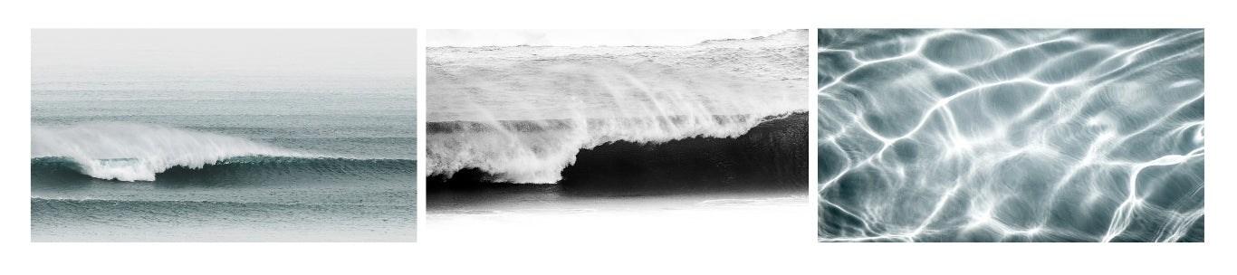 Three panels showing different ocean scenes with waves and water textures.