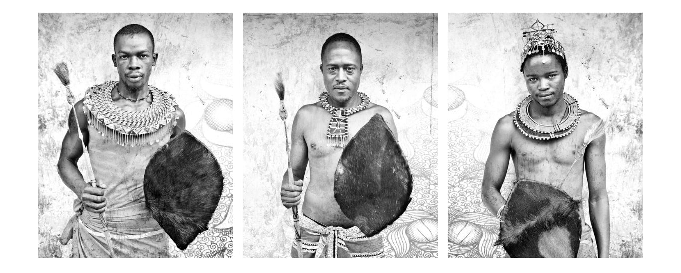 Three black-and-white portrait artwork prints of masai warriors from kenya with traditional attire and accessories.