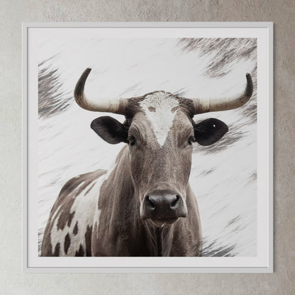 White box-framed artwork print of a portrait of an Nguni cow by Francoise V Fine Art Gallery in Cape Town, South Africa