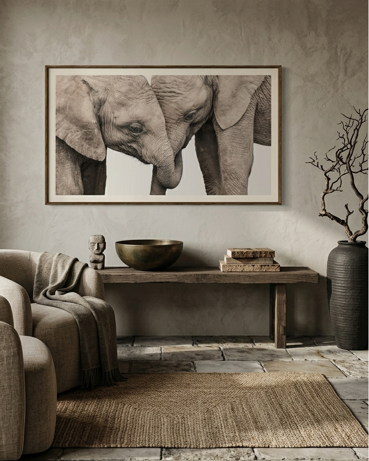 A framed black and white elephant art print hangs on a textured beige wall in a styled living room with a beige armchair, wooden console table, and a dark ceramic vase.