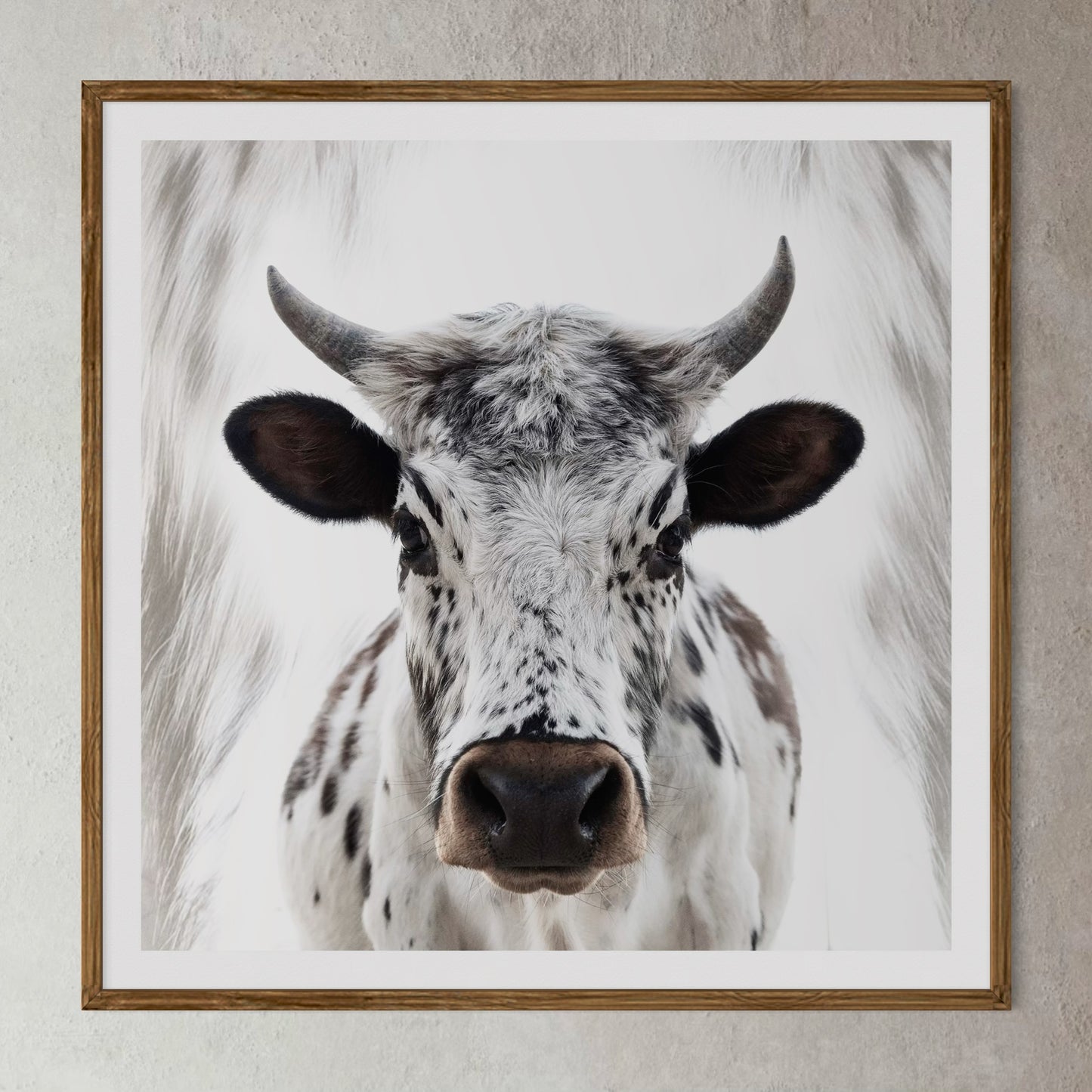 Natural Wood Kiaat framed artwork of a portrait of a cow by Francoise V Fine Art Gallery in Cape Town, South Africa