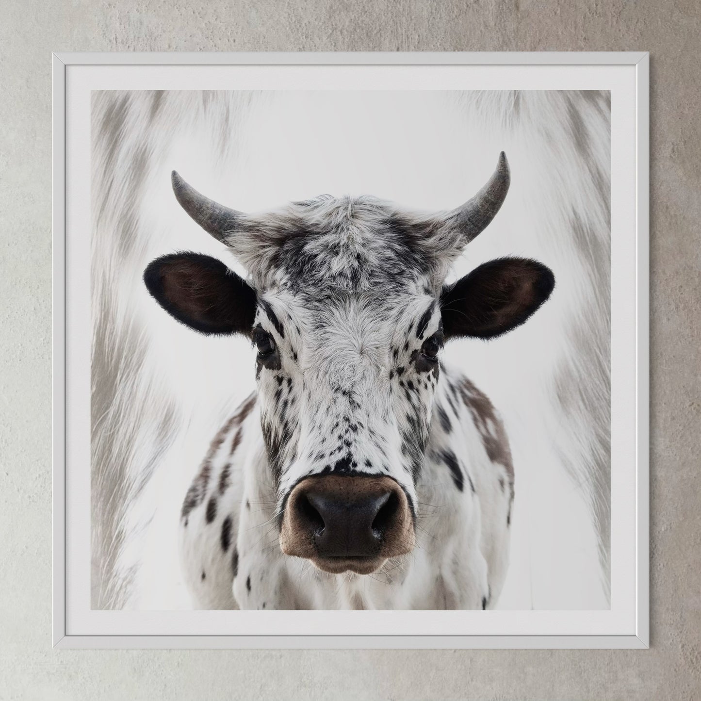 White box-framed artwork print of a portrait of a cow by Francoise V Fine Art Gallery in Cape Town, South Africa