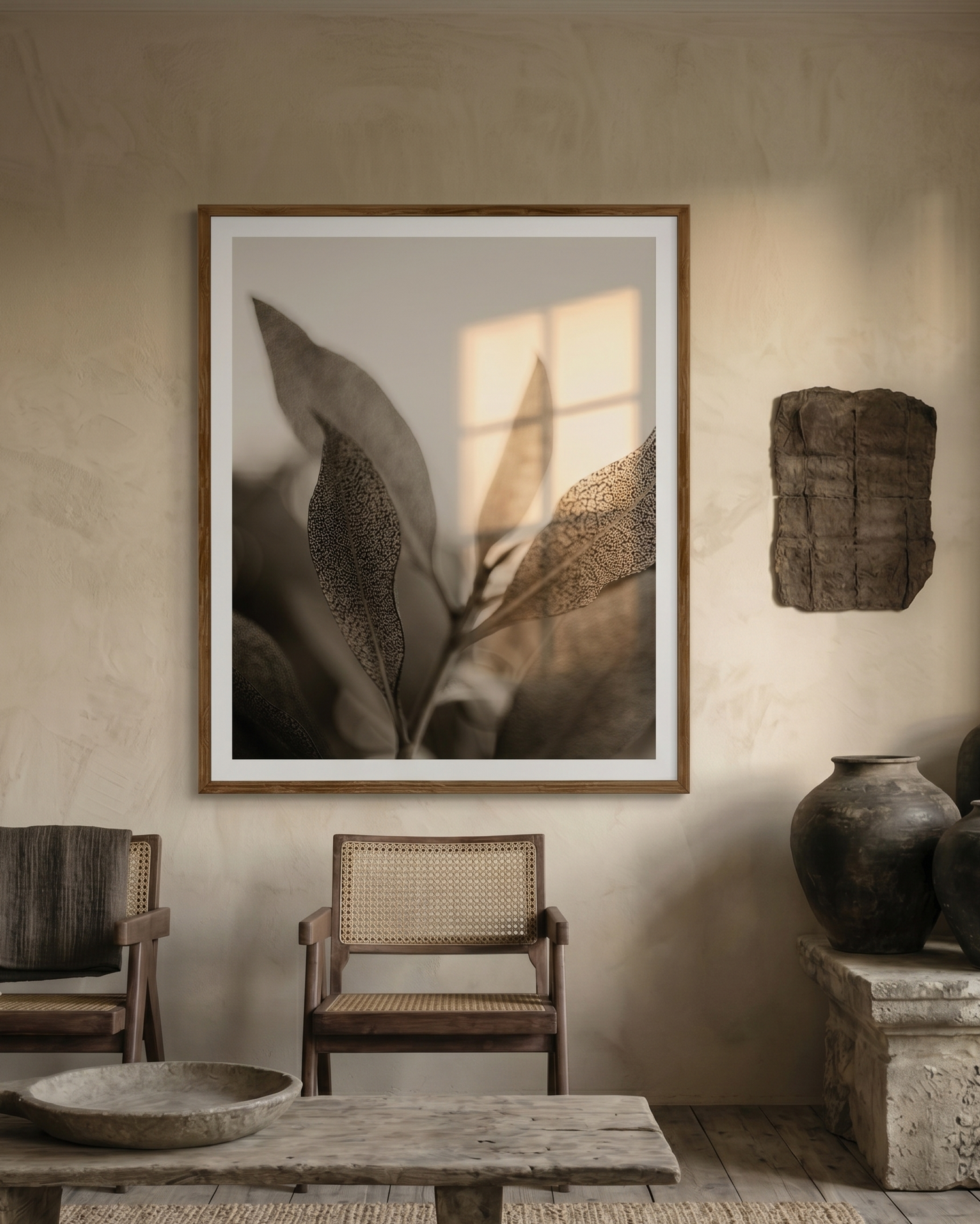 A framed botanical art print with sepia-toned leaves hangs on a textured beige wall in a rustic living room setting with wooden chairs, a stone table, and dark ceramic vases.