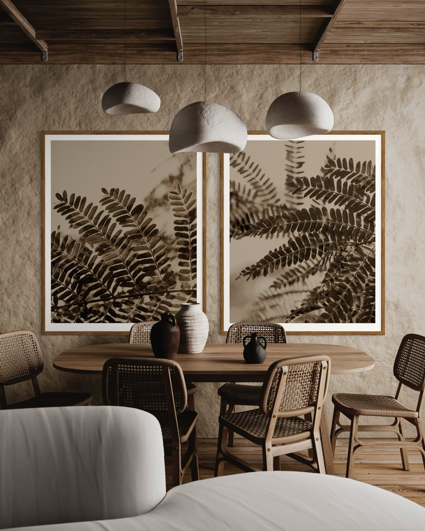 Dining interior with framed acacia leaves artworks on the wall by Francoise V Fine Art Gallery in Cape Town, South Africa.