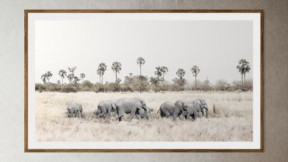 Natural Wood Kiaat framed artwork of a portrait of a herd of elephants walking through grasslands by Francoise V Fine Art Gallery in Cape Town, South Africa