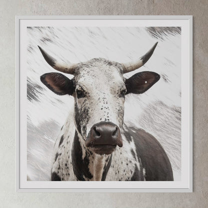 Natural kiaat wood framed artwork of a portrait of an Nguni cow by Francoise V Fine Art Gallery in Cape Town, South Africa
