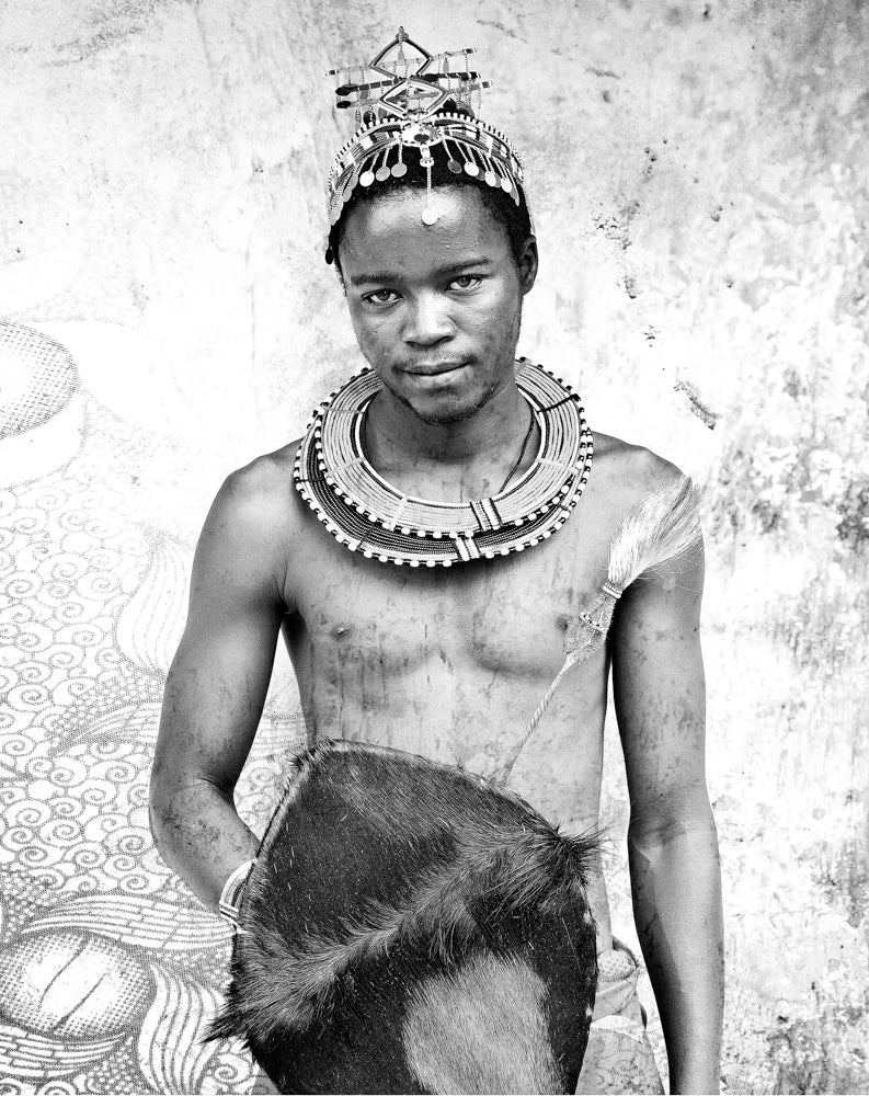 Artwork print of a Black and white portrait of a person wearing traditional jewelry and attire. by Francoise V Fine Art Gallery in Cape Town, South Africa