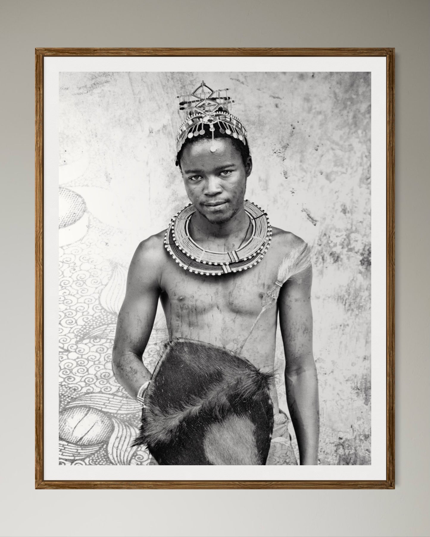 Natural Wood Kiaat framed Black and white portrait of a person wearing traditional jewelry and attire. by Francoise V Fine Art Gallery in Cape Town, South Africa