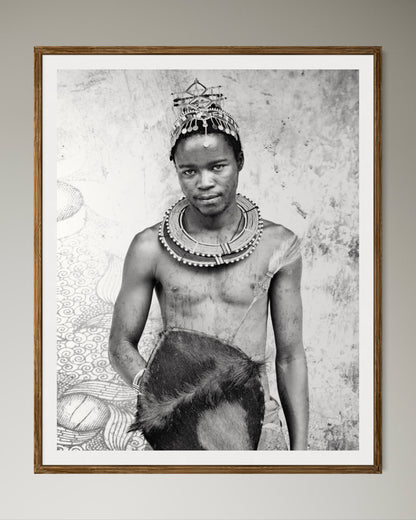 Natural Wood Kiaat framed Black and white portrait of a person wearing traditional jewelry and attire. by Francoise V Fine Art Gallery in Cape Town, South Africa