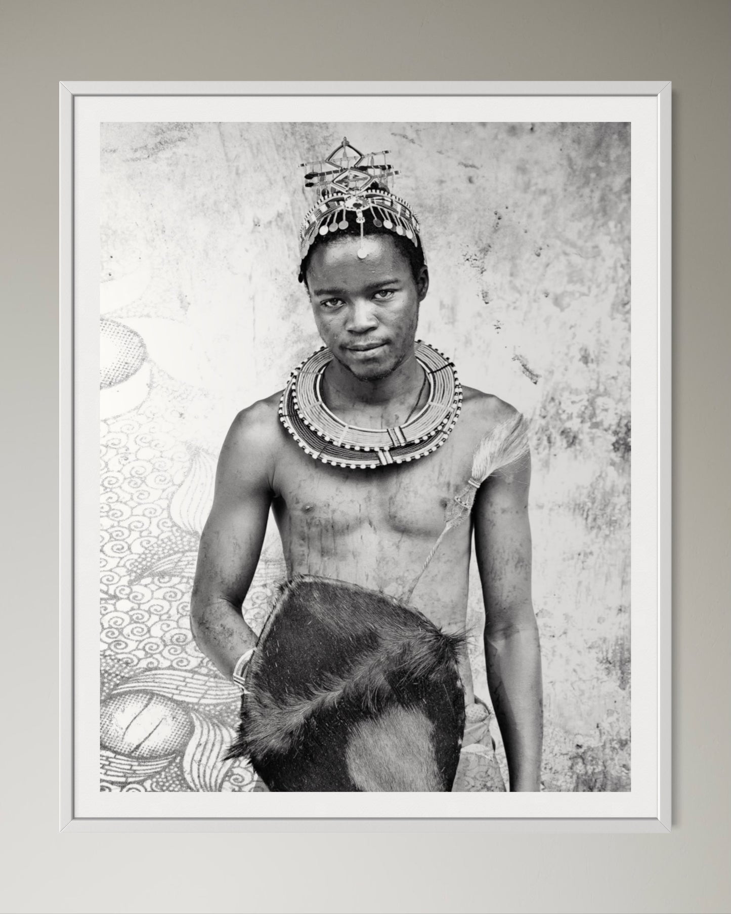 White box-framed Black and white portrait of a person wearing traditional jewelry and attire. by Francoise V Fine Art Gallery in Cape Town, South Africa