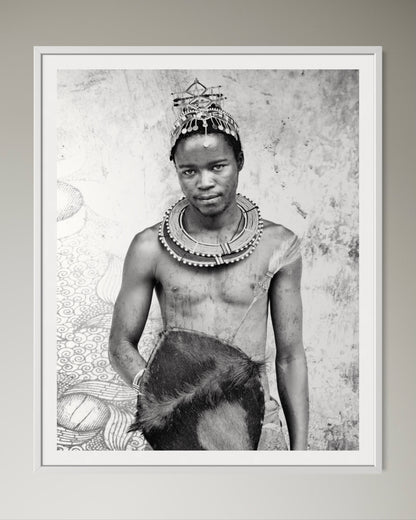 White box-framed Black and white portrait of a person wearing traditional jewelry and attire. by Francoise V Fine Art Gallery in Cape Town, South Africa