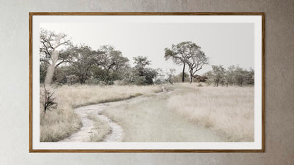 Natural Wood Kiaat framed artwork of a portrait of a Savannah Landscape by Francoise V Fine Art Gallery in Cape Town, South Africa