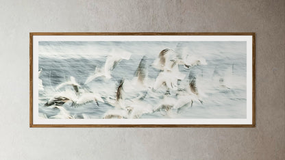 Natural Wood Kiaat framed artwork of a Flock of birds flying over a snowy landscape by Francoise V Fine Art Gallery in Cape Town, South Africa