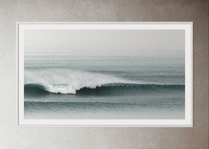White box-framed photo of a Wave in the ocean with a foggy background by Francoise V Fine Art Gallery in Cape Town, South Africa